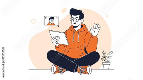 Young man video calling on tablet, waving hello, modern illustration style