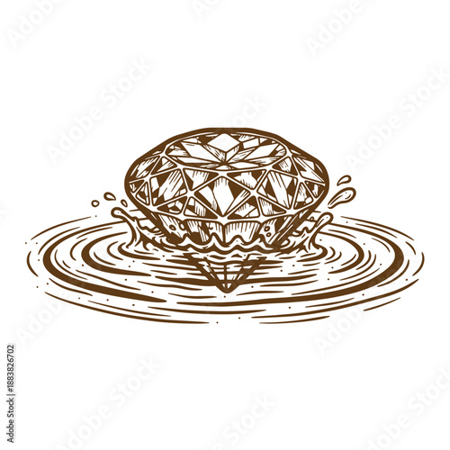 Drawing Vintage grunge  texture Brown line art drawing of diamond splashing into water  creating ripples and droplets
