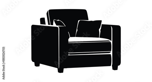a stark black silhouette depicts a comfortable armchair with cushions showcasing a modern and minimalist design silhouette