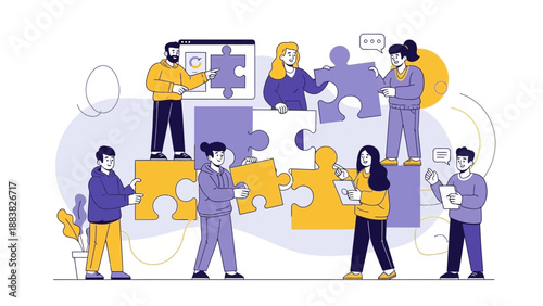 Teamwork and Collaboration: People assembling a large puzzle, business strategy concept.