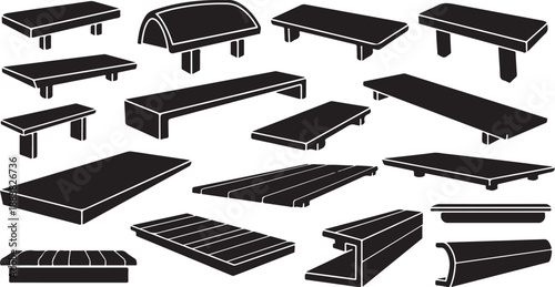 Collection of various black benches and furniture pieces illustrated