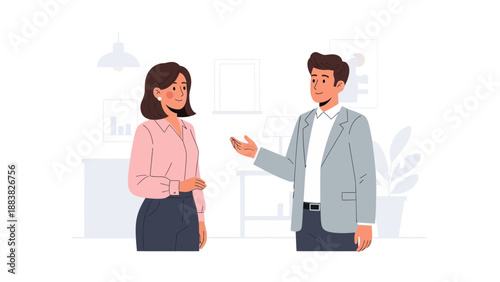 Business meeting: man and woman discussing ideas in modern office