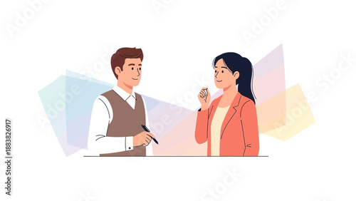 Business meeting: man and woman discussing ideas, collaboration, communication