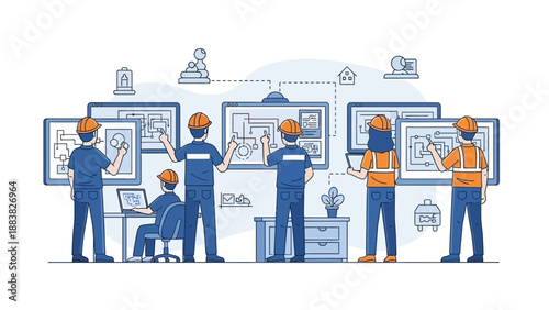 Teamwork in Architecture: Engineers and Designers Collaborating on Blueprints