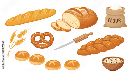 Bread and Grain Illustration Set Featuring Baguette, Sliced Loaf, Wheat Stalks, Pretzel, Flour Bag, Braided Bread, and Bowl of Grains in Vector Style