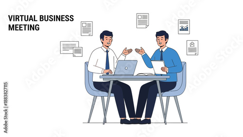 Two businessmen in a virtual meeting, discussing documents and using a laptop.