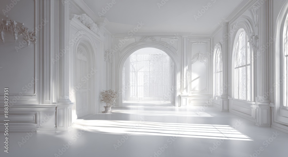 Obraz premium Opulent, all-white interior with archways, moldings, natural light, and a potted plant