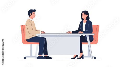 Business meeting: man and woman sitting at desk, job interview, collaboration