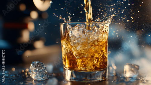 bartender pouring cocktail into glass with ice cubes, macro cinema lens close-up capturing droplets in motion, bright studio spotlighting for glossy look, beverage commercial style