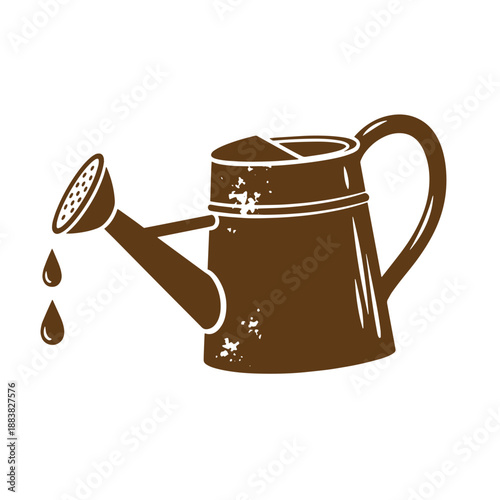 Drawing Vintage grunge  texture Brown watering can with water droplets on white background