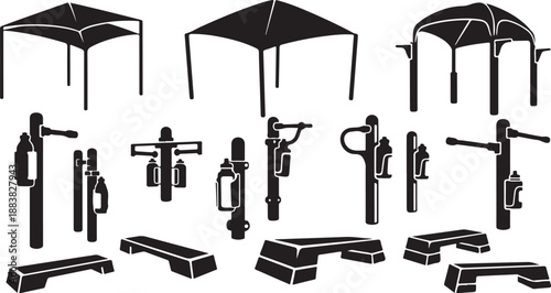 Outdoor Fitness Equipment and Canopy Icons for Healthy Living