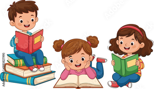 Cartoon children reading books in cheerful setting with stack, floor, and cross-legged poses, literacy and learning theme illustration, transparent background graphic
