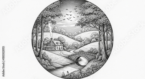 Rural Landscape Illustration with Cottage, Stone Bridge, River and Hills, Trees, Black and White Hand Drawn in Circular Frame