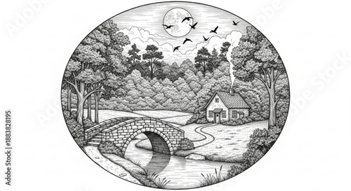 Rural Forest Landscape with Stone Bridge, River, Cottage and and Full Moon, Black and White Line Art