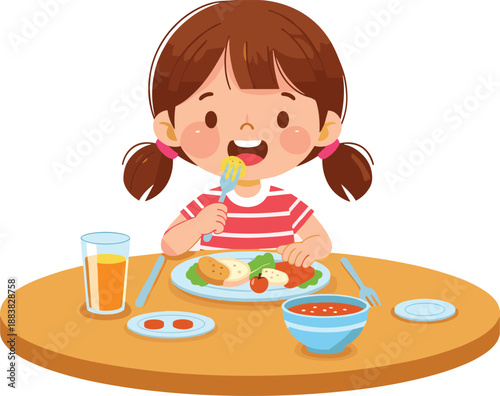 Cartoon girl eating meal at round table with soup, juice, vegetables, and meat, healthy nutrition and mealtime theme illustration, transparent background graphic