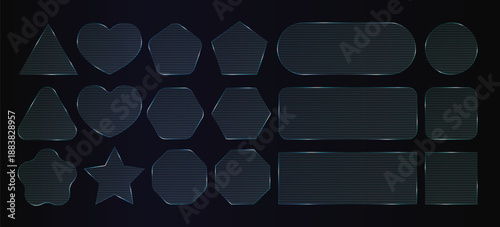 Ribbed glass transparent frame, 3d light overlay effect on dark bg. Plastic corrugated texture plate, fractal pattern square. Crystal rectangle button, hexagon round button. Glossy border tech reflect
