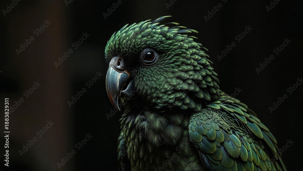Fototapeta premium Side profile close-up of a green parrot highlighting feather texture, eye detail, and calm expression in low light.
