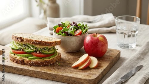 Fresh healthy vegetarian sandwich lunch set on wooden board with salad and apple slices