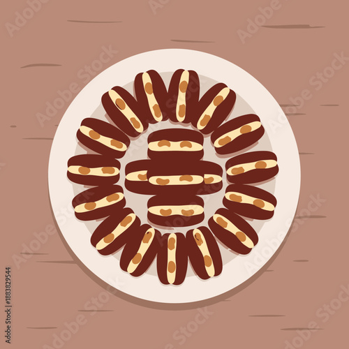 A vector graphic illustration of a plate of cookies on a rustic background