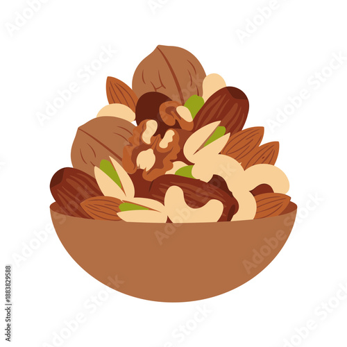 A vector graphic illustration of a bowl filled with various nuts