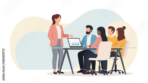 Business Meeting: Diverse Team Discussing Growth Charts on Laptop