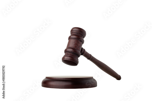 Judge's gavel hammer for adjudication isolated on white background. wooden auction hammer with a wooden stand. law and justice concept..