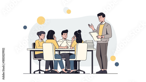 Business Meeting Illustration: Team Collaboration and Presentation