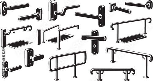 Various types of grab bars and handles illustrated