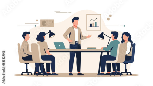 Business Meeting Illustration: Team Collaboration and Presentation