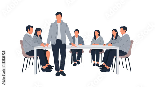 Business Meeting Illustration: Team Collaboration Around a Table, Leader Presenting