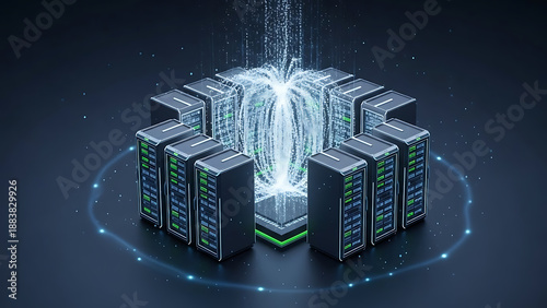 Cluster of dark grey servers with green accents and a glowing light effect in the center, isolated on dark blue background