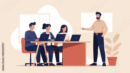 Business meeting illustration: team learning from presenter with laptops