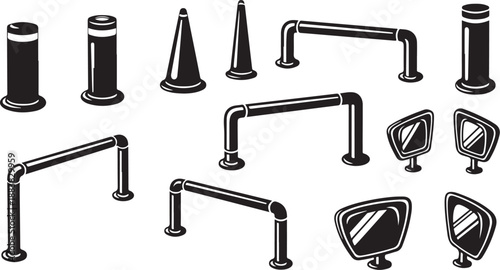 Various Faucet and Traffic Cone Illustrations in Black White