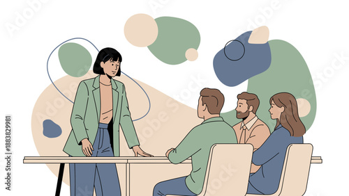 Business meeting illustration: woman presenting to colleagues in modern office