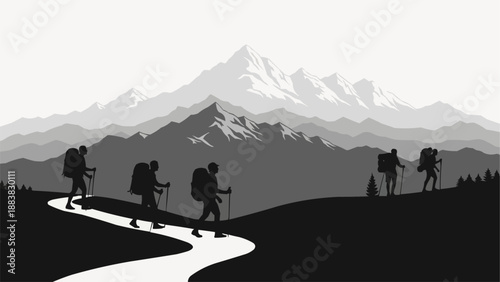 Hikers trekking on a mountain path with snow capped peaks behind them.
