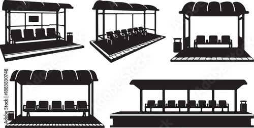 Variety of outdoor seating areas with canopies and chairs