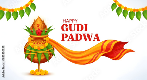 Gudi padwa ugadi chaitra sukhladi hindu new year festival greeting illustration with traditional gudi kalash mango leaves marigold garland flowing cloth isolated background