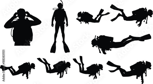 Collection of scuba diver silhouettes swimming and diving underwater with full gear oxygen tanks and flippers for ocean adventure
