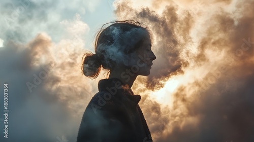 A woman's face is obscured by clouds, with the setting sun shining through, creating a surreal and dreamy effect.