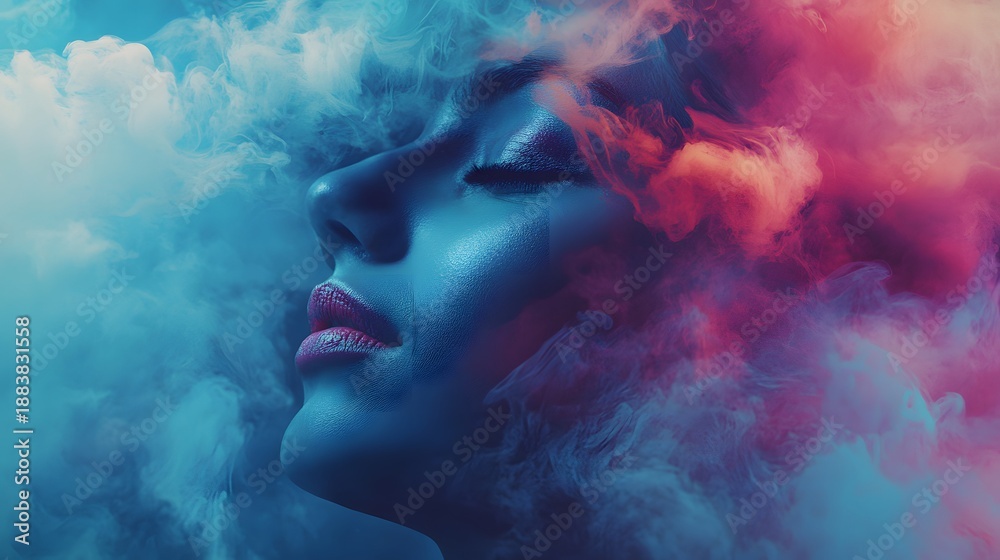 Fototapeta premium A woman's face is partially obscured by colorful smoke, creating a dreamy and ethereal effect.