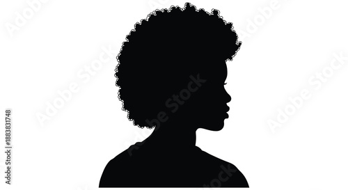 a striking black silhouette depicts a woman with voluminous textured hair against a stark white background