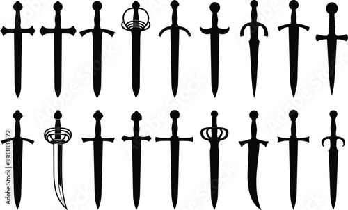 Set of medieval sword and dagger silhouettes featuring various blade styles including longswords rapiers and curved daggers for historical weapon design graphics