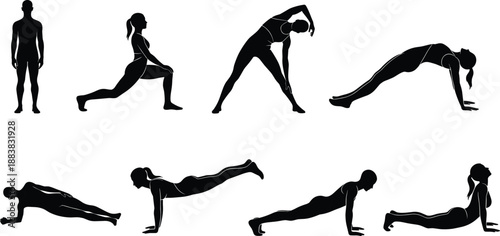 Set of silhouettes of people doing yoga stretching and fitness exercises including plank lunge and cobra pose for healthy lifestyle graphics