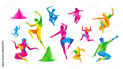 Vibrant watercolor dancing figures dynamic poses in abstract colorful splashes representing movement and joy for fitness or artistic concepts isolated on white