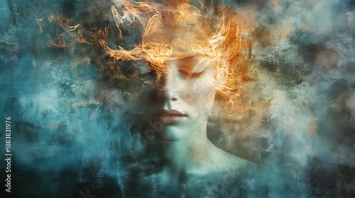 A woman's face surrounded by fire and smoke, symbolizing passion, intensity, and mystery.