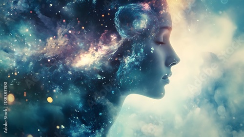 A woman's face with a galaxy and nebula overlay.
