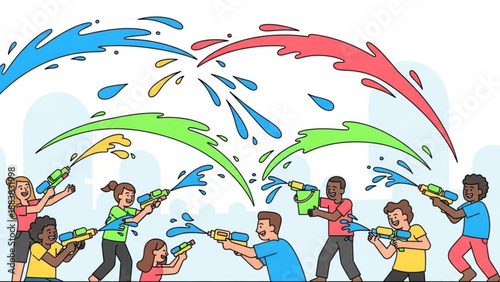 Diverse group of children joyfully playing with water guns splashing colorful water during a summer festival vector illustration for fun and celebration