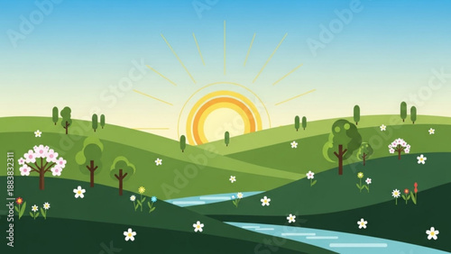 Vibrant spring landscape with rolling green hills a winding river and a bright sun rising over the horizon flat vector illustration for nature and season concepts