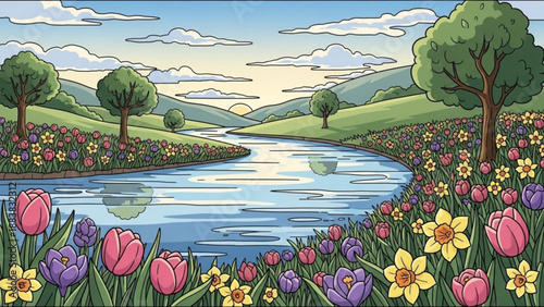 Vibrant spring landscape with a winding river blooming flowers and rolling hills perfect for nature themes seasonal promotions and idyllic backgrounds