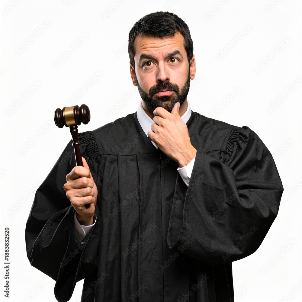 Naklejka premium Thoughtful Judge in Robes Holding Gavel, Contemplating Legal Decisions, Justice System.